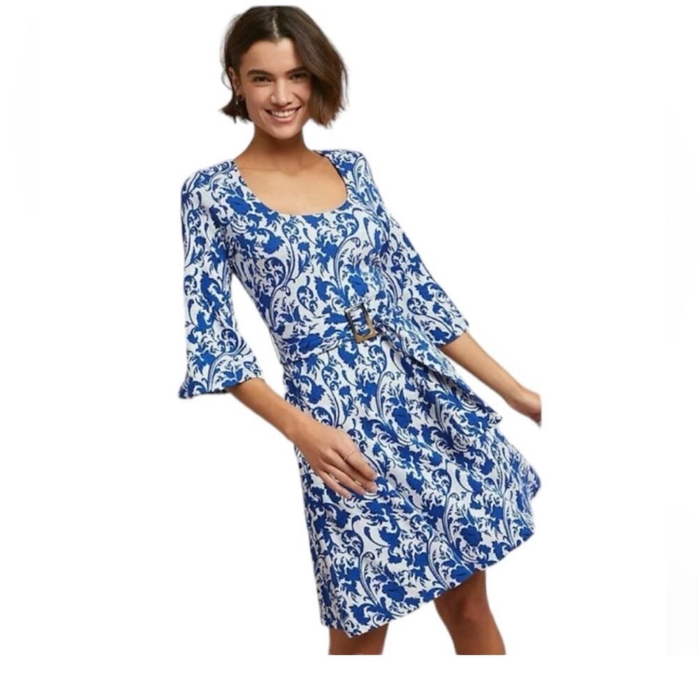 Anthropologie Maeve Blue and White Floral Scoop-Neck Belted Long-Sleeve Dress M
